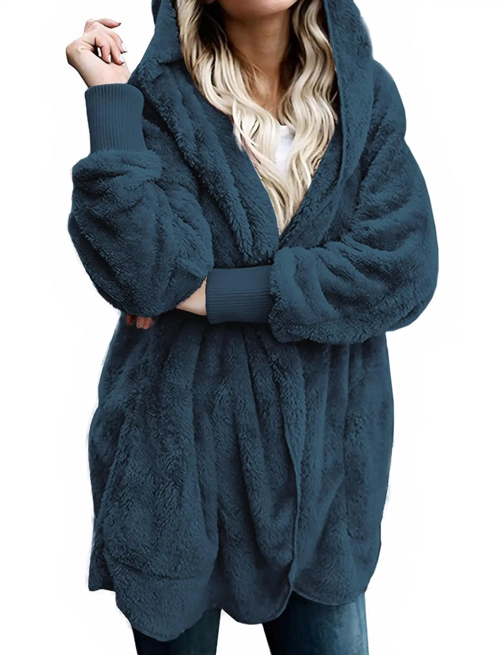 Zilcremo Women Hooded Cardigan Fuzzy Jacket Winter Open Front Fleece Coat Outwear with Pockets Darkblue M