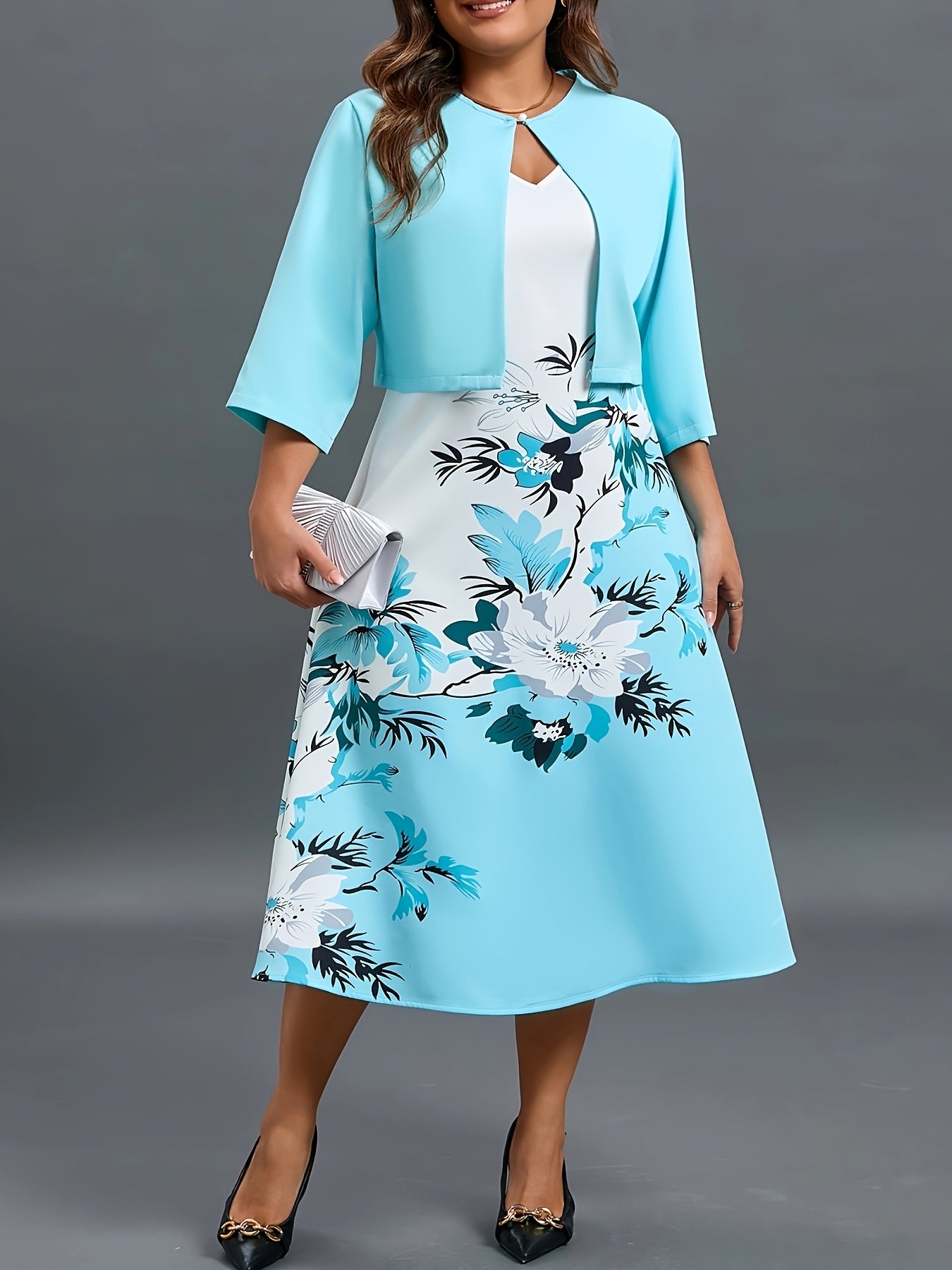 Elegant Floral Two-Piece Set for Women - Casual Chic with a Touch of Sophistication, Includes a Blazer and a Dress, Dressy Attire|Sophisticated Style|Woven Textur
