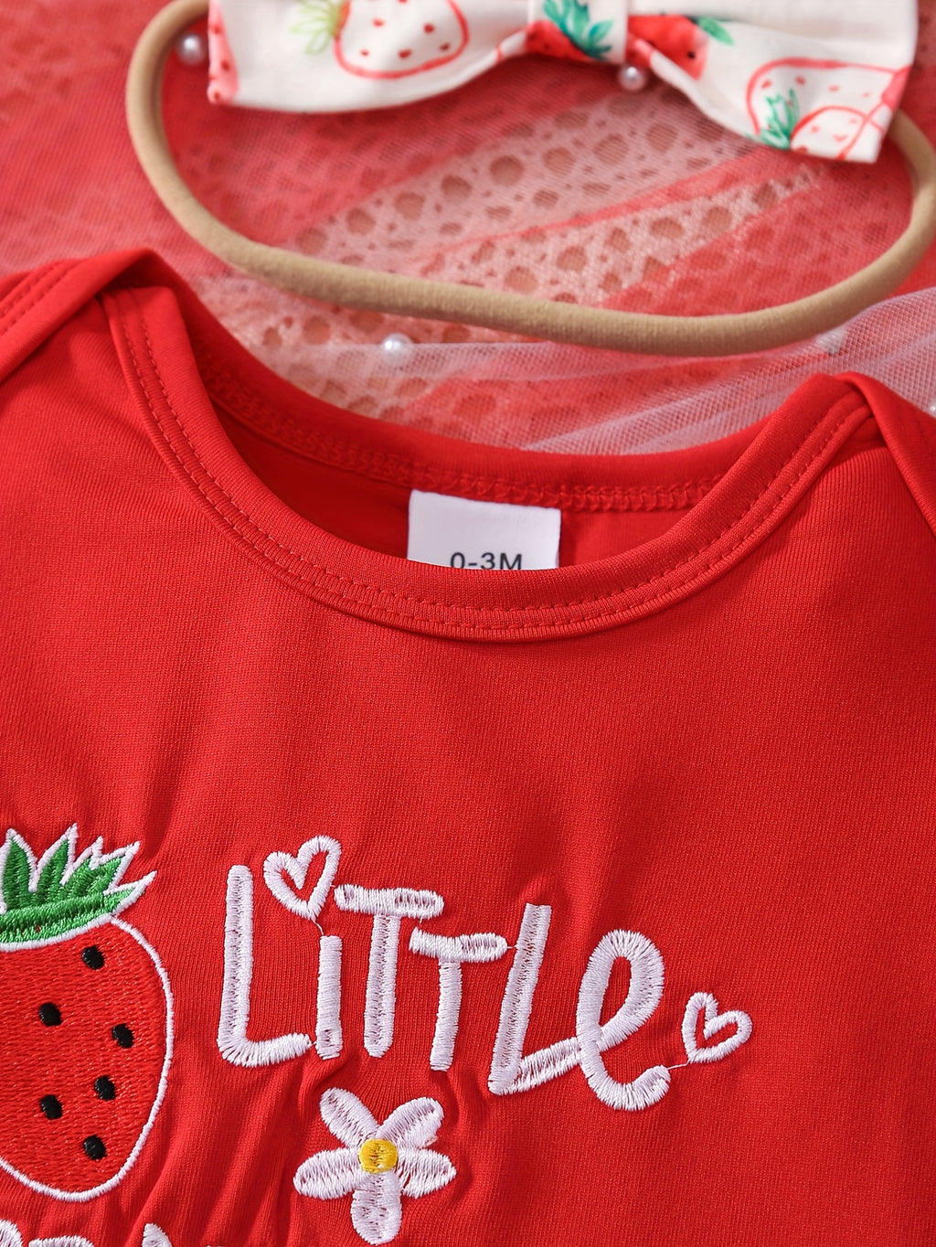 3pcs Baby Girl Summer Short Sleeved Strawberry Letter Jumpsuit&bow Full Print Trumpet Pants&headband Cute Three Piece Baby Girl, Perfect for Outdoor