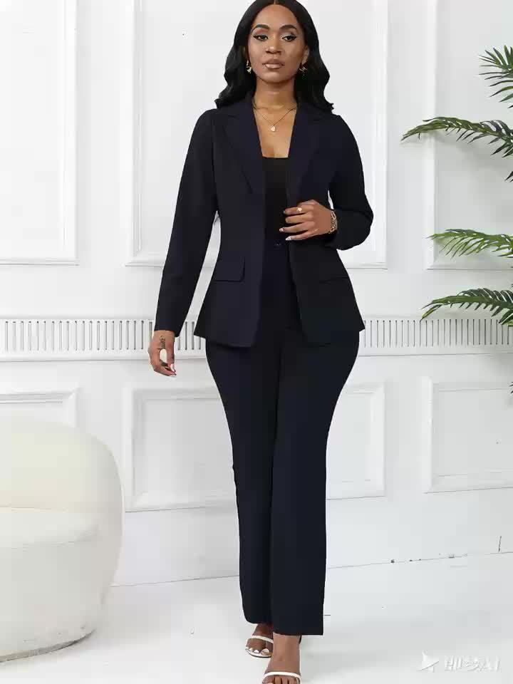Elegant Solid Slim-Fit Two Piece Set, Single-Breasted Lapel Neck Blazer & Pants Outfits For Office & Work, Women's Clothing