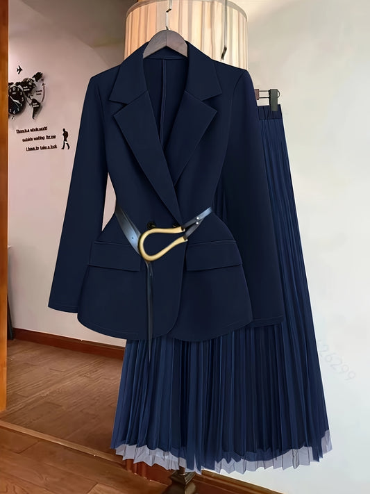 Women's Elegant Solid Color Double-Breasted Suit Jacket with Mesh Pleated Skirt Set, Spring/Summer Belt Not Included