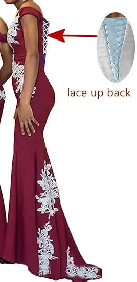 Burgundy Womens Off The Shoulder Mermaid Bridesmaid Dresses for Wedding Lace Satin Prom Dresses Long Formal Evening Gowns Africa