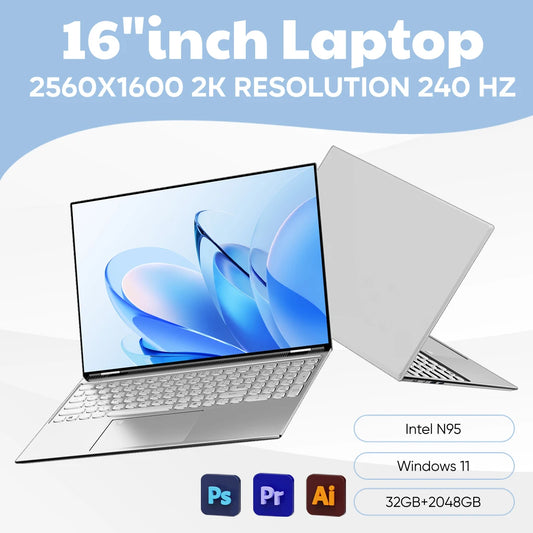 New 16" Inch 2K Laptop, 240 Hz ultra-clear screen, Windows 11 Pro Portable PC Gaming notebooks 32GB 2TB fingerprint unlock