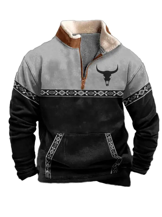 DMOYALA Western Fleece Jackets Men Aztec Fleece Fuzzy Pullover Winter Half Zip Stand Collar Vintage Western Sweater Pockets Men Western Jacket Fall Winter Western Sweatshirts Black Grey L