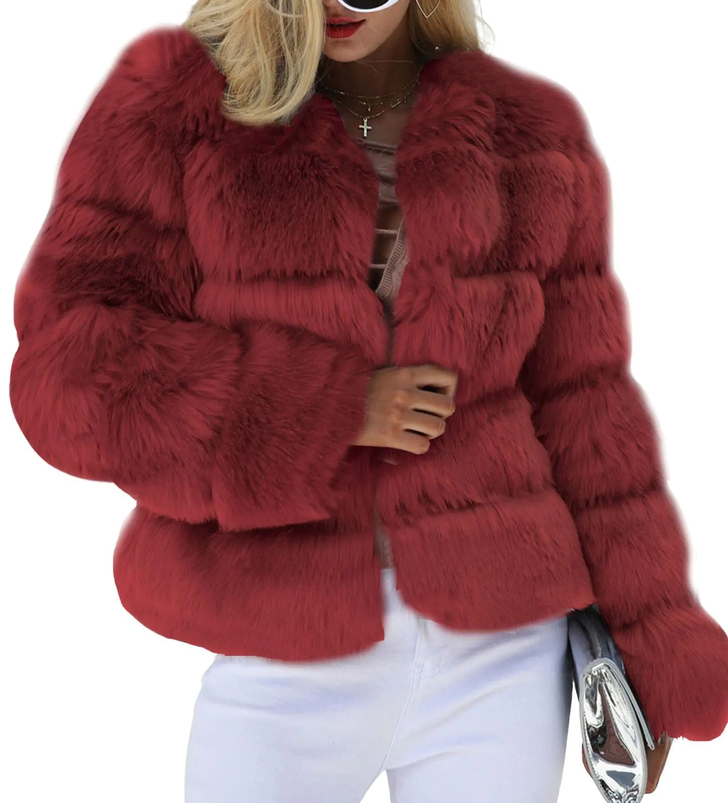 loveimgs Women Warm Fluffy Cropped Puffer Jacket Faux Fur Coat Crop Parka Collarless Winter Teddy Bear Coat Overcoat (Large Wine red)
