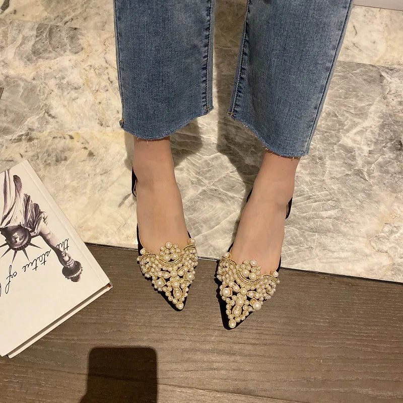 New Crown Pearl Flats Women Wedding Shoes Pointed Toe Female Dress Moccasins Low Pearl Heel Ladies Fashion Luxury Style 43