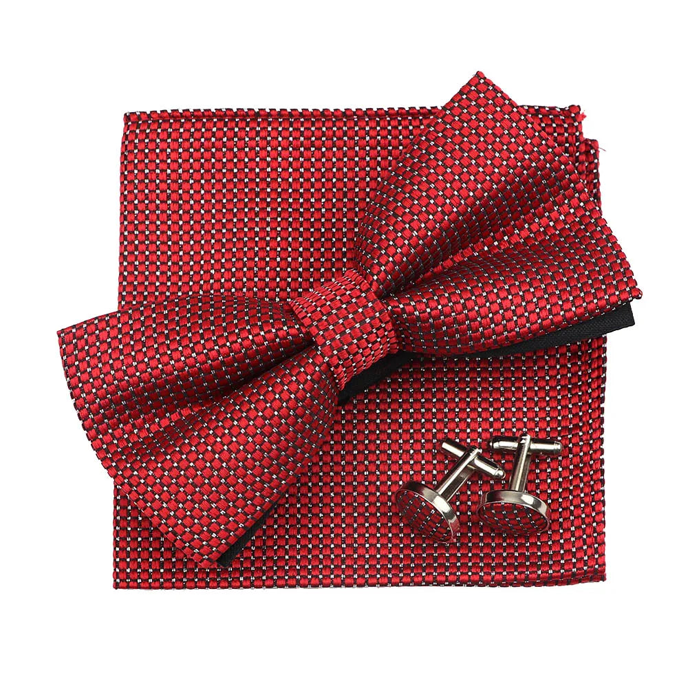 3PC Mens Bowtie Set Fashion Dot Solid Polyester Bow Tie Handkerchief Cufflinks Bar Party Wedding Business Daily Wear Accessories