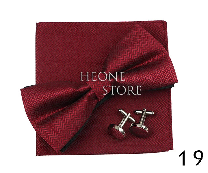 3PC Mens Bowtie Set Fashion Dot Solid Polyester Bow Tie Handkerchief Cufflinks Bar Party Wedding Business Daily Wear Accessories