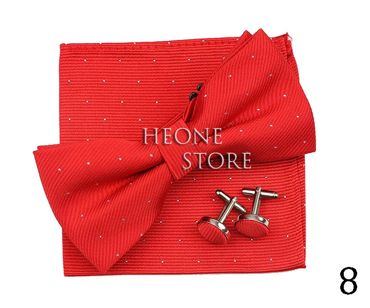 3PC Mens Bowtie Set Fashion Dot Solid Polyester Bow Tie Handkerchief Cufflinks Bar Party Wedding Business Daily Wear Accessories