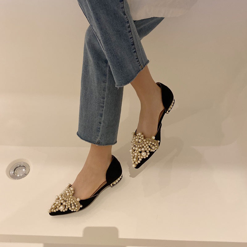 New Crown Pearl Flats Women Wedding Shoes Pointed Toe Female Dress Moccasins Low Pearl Heel Ladies Fashion Luxury Style 43