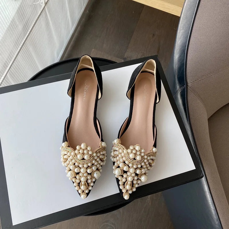 New Crown Pearl Flats Women Wedding Shoes Pointed Toe Female Dress Moccasins Low Pearl Heel Ladies Fashion Luxury Style 43