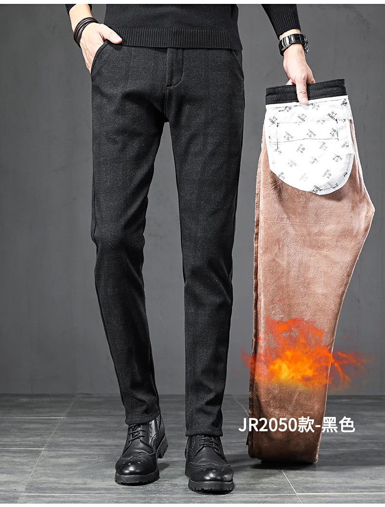 Winter Fleece Warm Pants Men England Plaid High Quality Business Slim Cotton Long Trousers Male Black Gray Pant Big Size 28-38