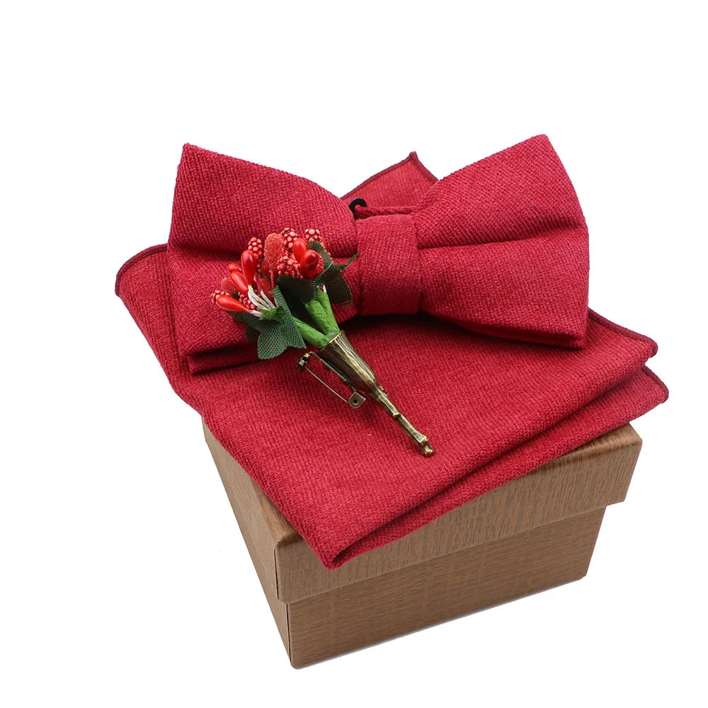 Solid Color Cotton Bowtie Handkerchief Flower Brooch Set For Men Women Party Wedding Blue Pink Green Bowties Novelty Ties Gift