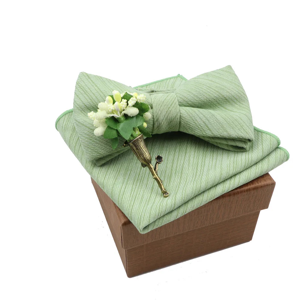 Solid Color Cotton Bowtie Handkerchief Flower Brooch Set For Men Women Party Wedding Blue Pink Green Bowties Novelty Ties Gift