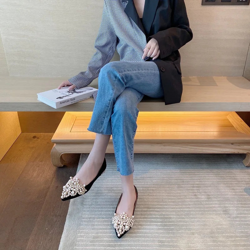 New Crown Pearl Flats Women Wedding Shoes Pointed Toe Female Dress Moccasins Low Pearl Heel Ladies Fashion Luxury Style 43