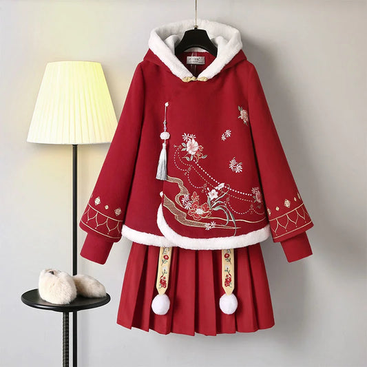 Winter Modern Women Hanfu Embroidery Red Top Hoodies Cotton Warm Chinese Pleated Skirt Plus Size Girl Fairy Cosplay Costumes