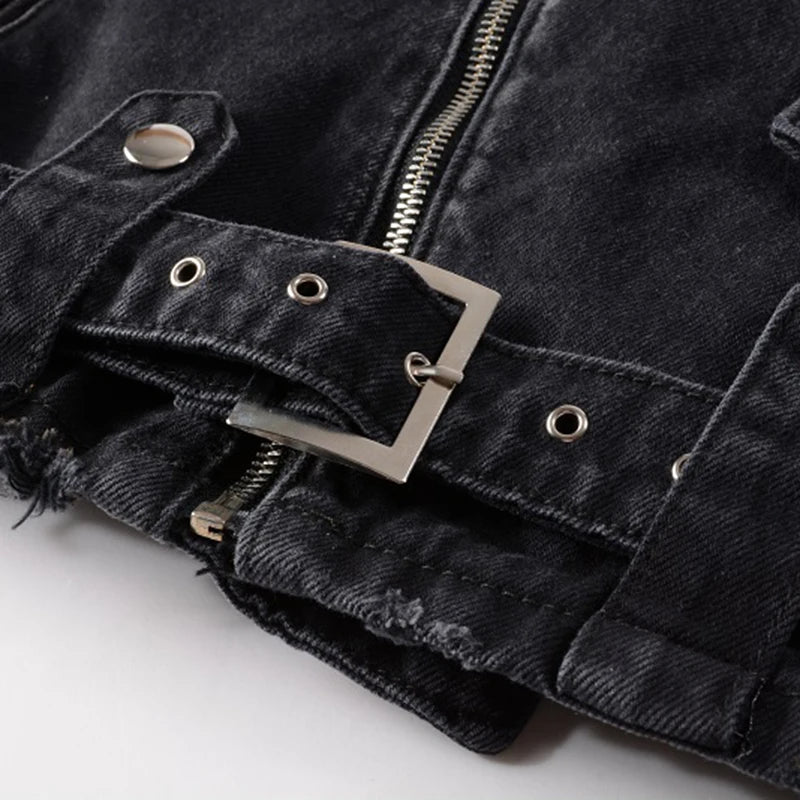 Sokotoo Men's zippers black biker jean jacket Streetwear thick denim slim coat with belt High quality