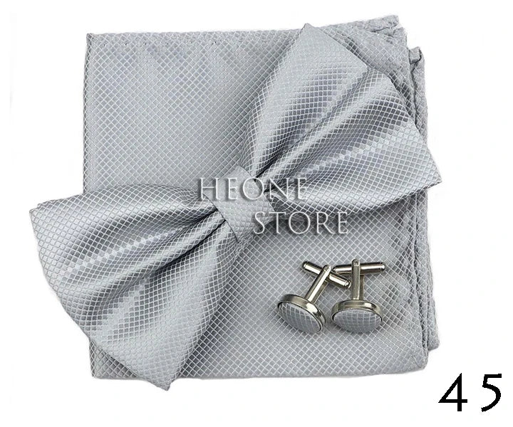 3PC Mens Bowtie Set Fashion Dot Solid Polyester Bow Tie Handkerchief Cufflinks Bar Party Wedding Business Daily Wear Accessories