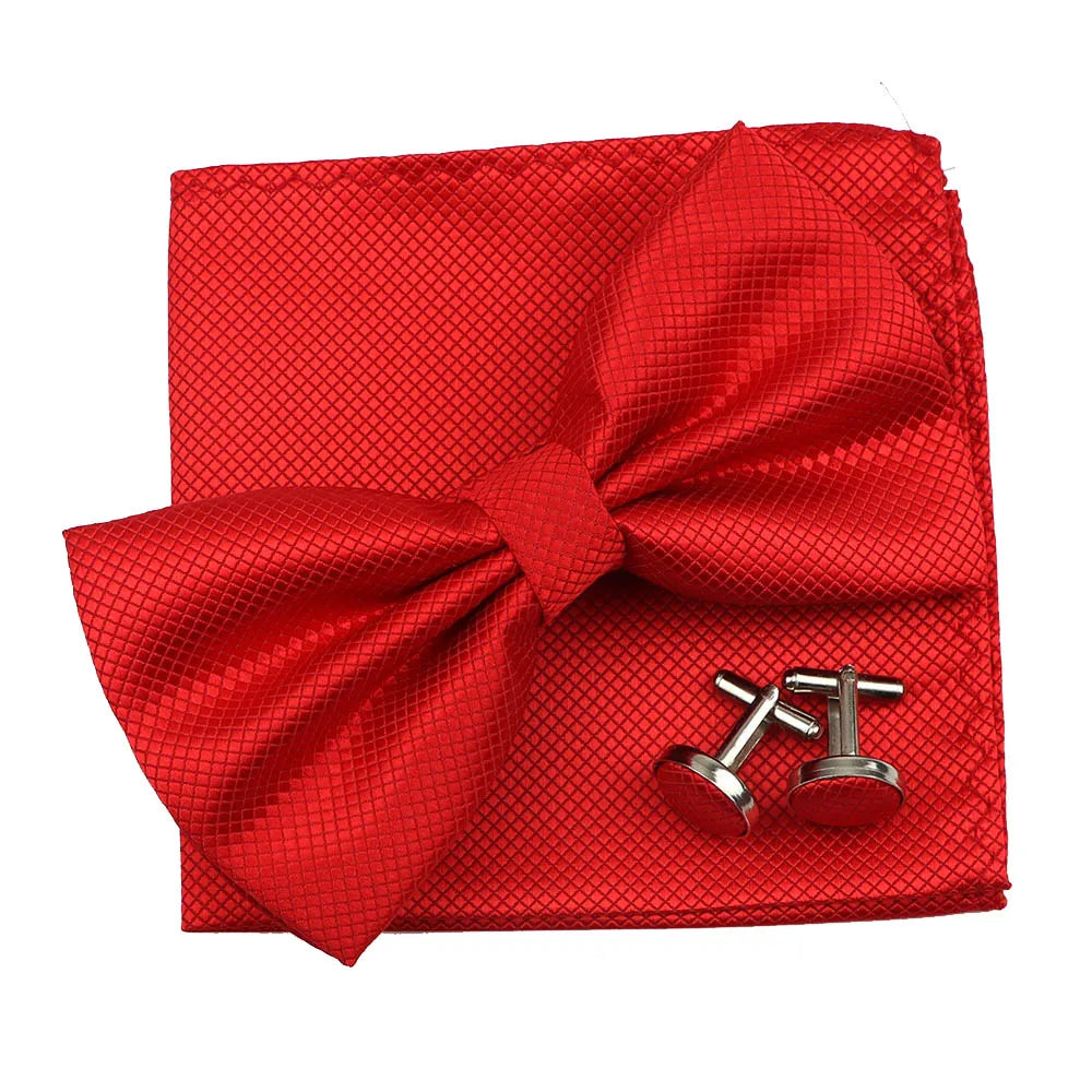 3PC Mens Bowtie Set Fashion Dot Solid Polyester Bow Tie Handkerchief Cufflinks Bar Party Wedding Business Daily Wear Accessories