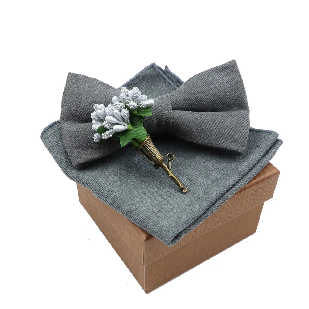 Solid Color Cotton Bowtie Handkerchief Flower Brooch Set For Men Women Party Wedding Blue Pink Green Bowties Novelty Ties Gift