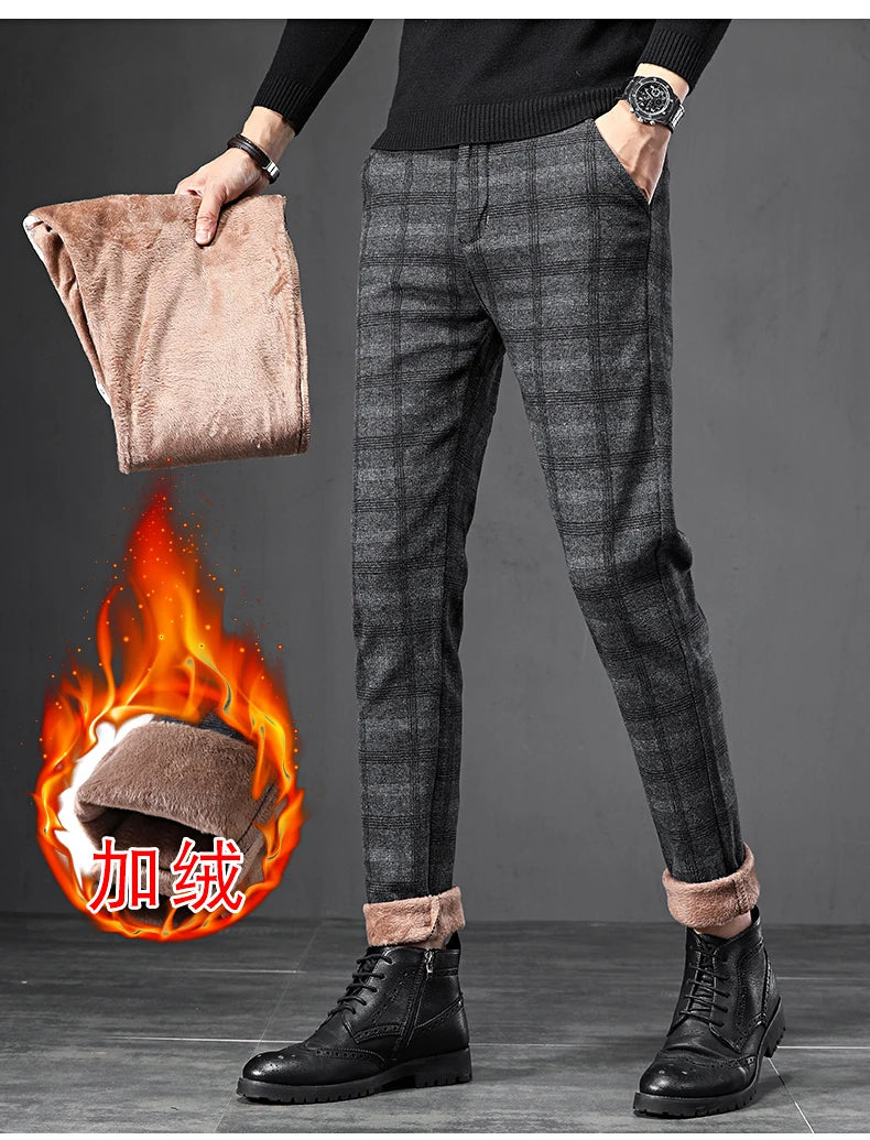 Winter Fleece Warm Pants Men England Plaid High Quality Business Slim Cotton Long Trousers Male Black Gray Pant Big Size 28-38