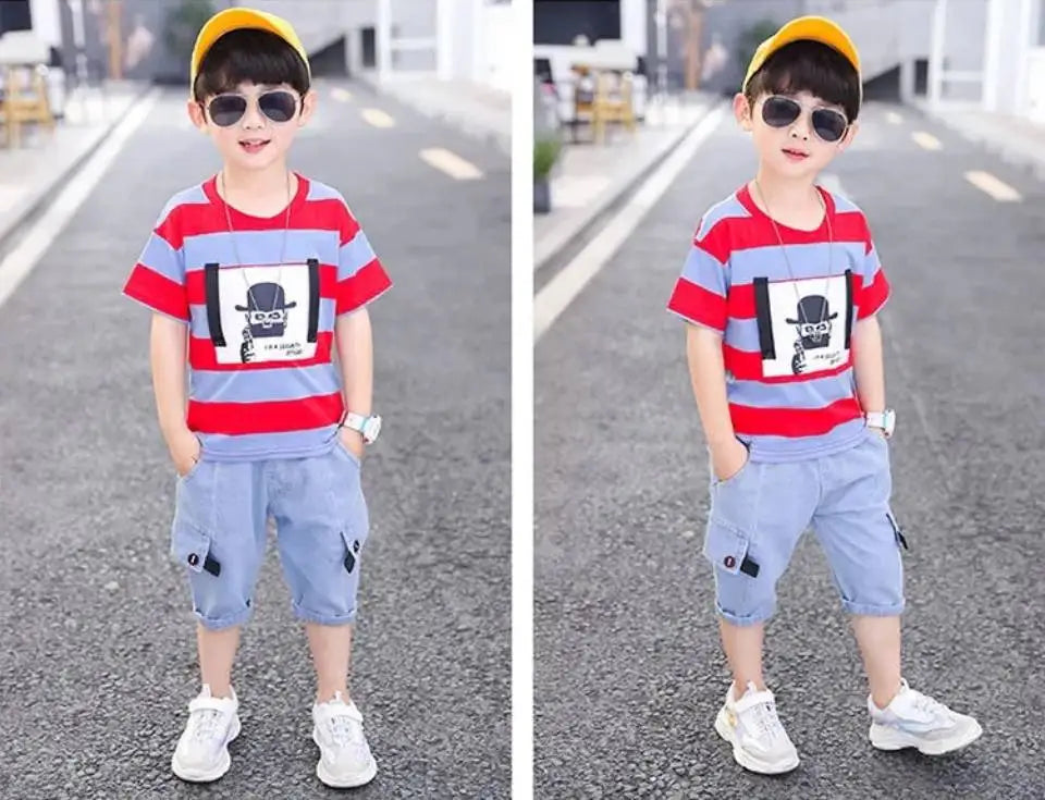 Summer Baby Boys Clothes Suit Stripe Cotton T-shirt+Jeans Short Pant 2PCS Set Kids Boys Clothing  For 3 4 5 6 7 8 9 10 11 12 Yrs