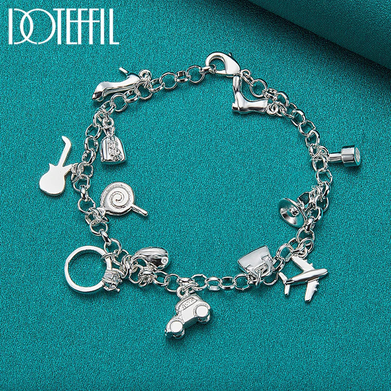 DOTEFFIL 925 Sterling Silver 18K Gold Shoe Bell Airplane Lock Car Fish Ring Lollipop Guitar Bracelet Chain Women Charm Jewelry
