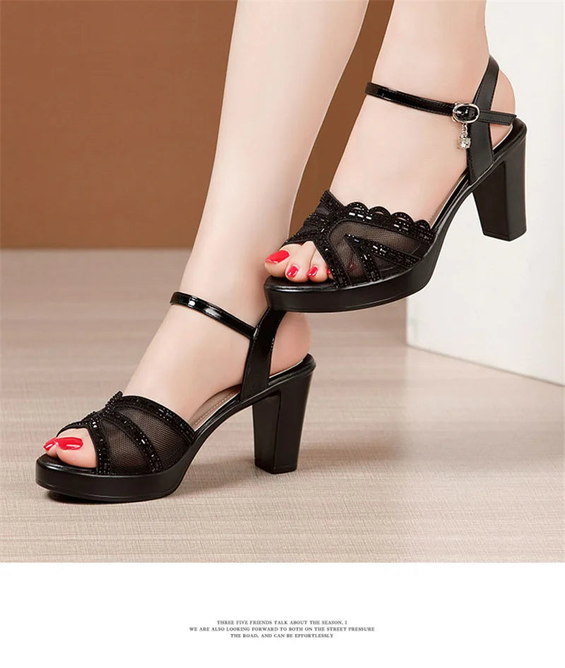 BEYARNE Big Size 32-43 Open Head Lace Platform Sandals Summer Shoes  Block High Heels Sandals Women All Match Office Party