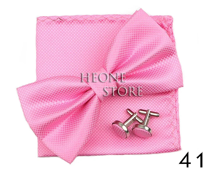3PC Mens Bowtie Set Fashion Dot Solid Polyester Bow Tie Handkerchief Cufflinks Bar Party Wedding Business Daily Wear Accessories