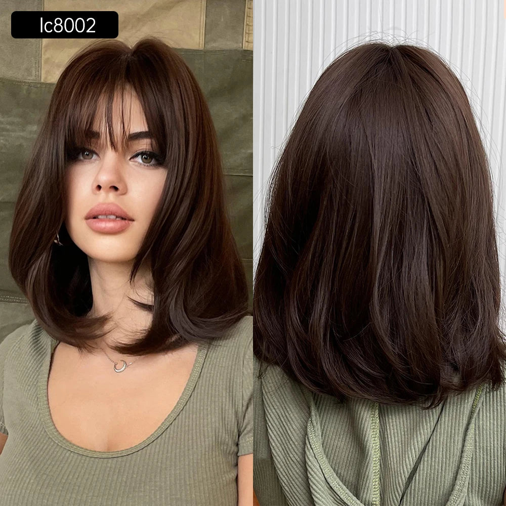 New Synthetic Long Straight Wigs Black Brown Wigs with Side Bangs Heat Resistant Lady Wigs for African American Women Hair