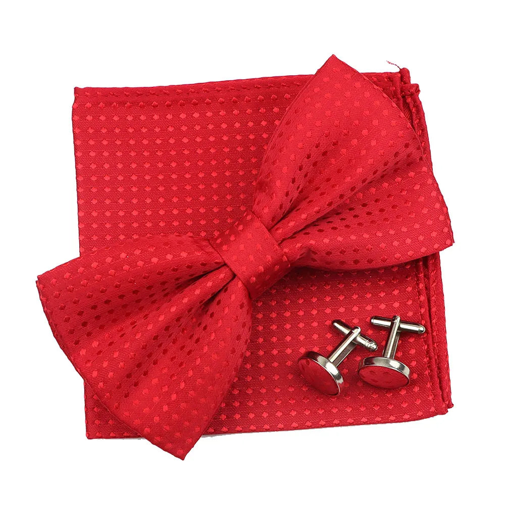 3PC Mens Bowtie Set Fashion Dot Solid Polyester Bow Tie Handkerchief Cufflinks Bar Party Wedding Business Daily Wear Accessories