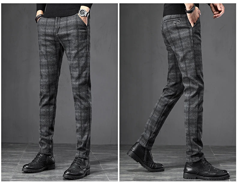 Winter Fleece Warm Pants Men England Plaid High Quality Business Slim Cotton Long Trousers Male Black Gray Pant Big Size 28-38