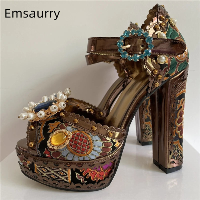 Exotic Style Embroidery Satin Wedding Shoes Woman Chunky Heel Diamond Plarform Beaded Rivet Flower Summer Sandals Women