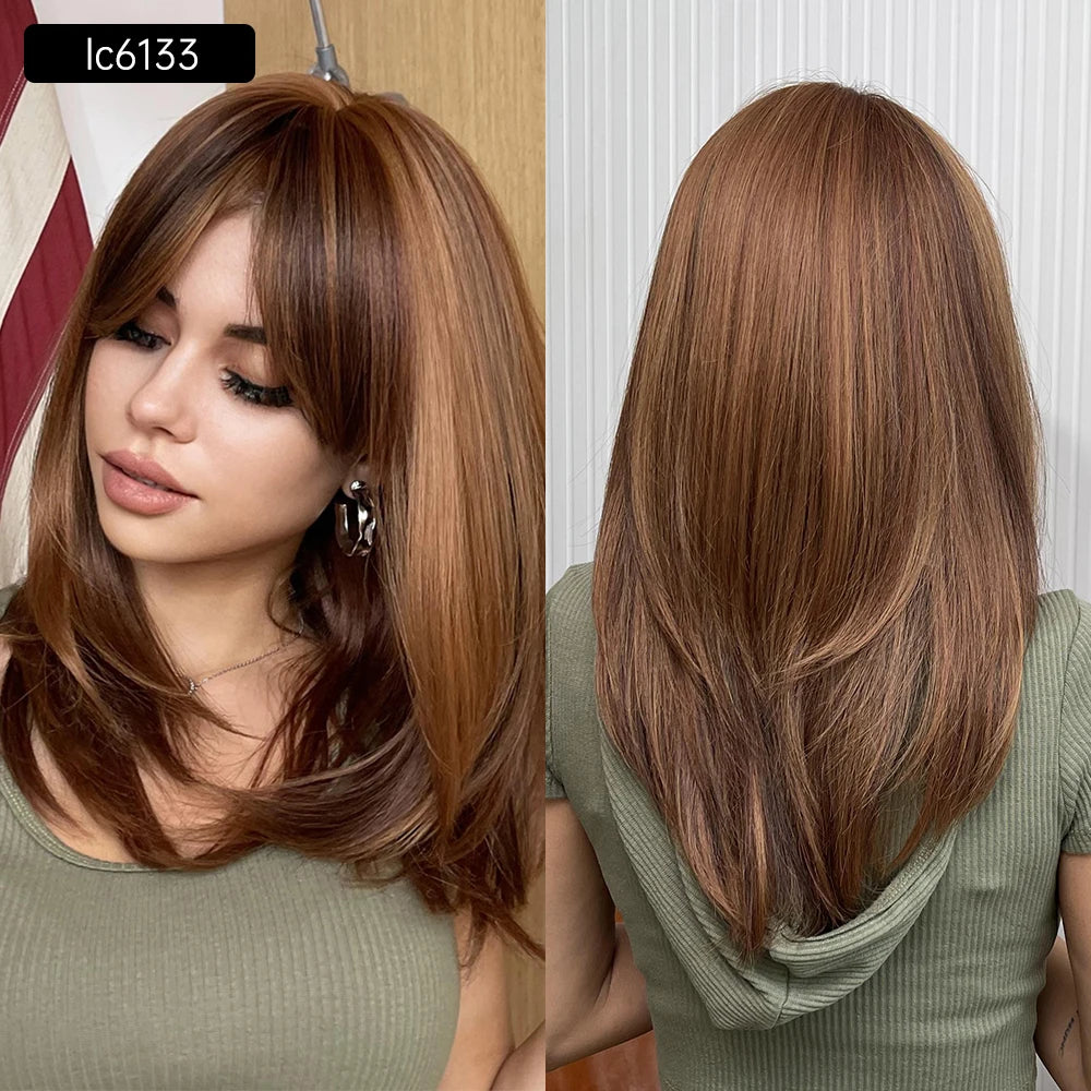 New Synthetic Long Straight Wigs Black Brown Wigs with Side Bangs Heat Resistant Lady Wigs for African American Women Hair