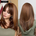 New Synthetic Long Straight Wigs Black Brown Wigs with Side Bangs Heat Resistant Lady Wigs for African American Women Hair