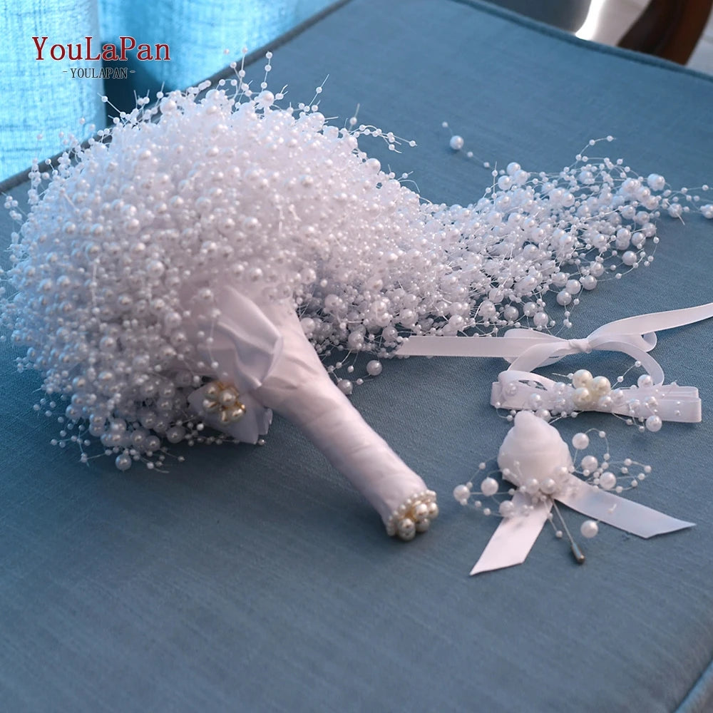 YouLaPan F24 Elegant Wedding Bouquet with Pearl Wedding Flowers Bridal Bouquets Bride Bouquet White Ivory Bridal Bouquet