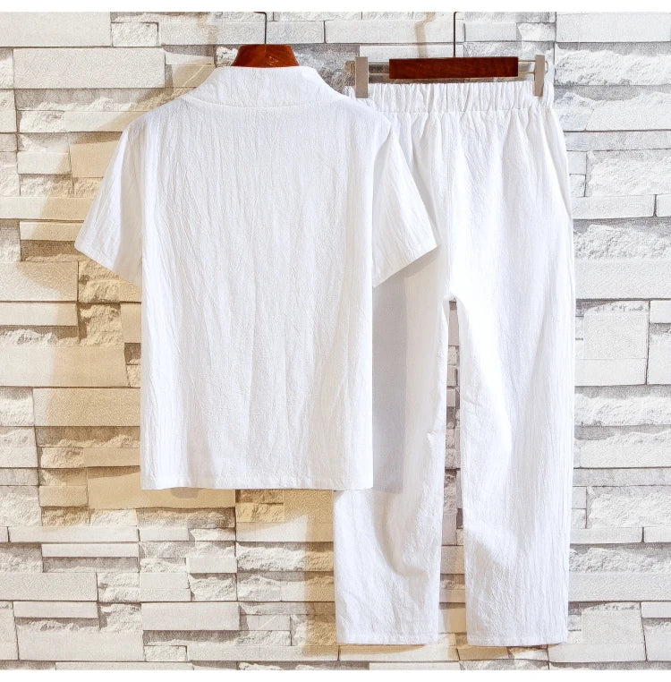 (Shirt + trousers) 2025 summer men shirt Man Cotton and linen shirts Short sleeve men's casual shirts men A set of clothes M-5XL