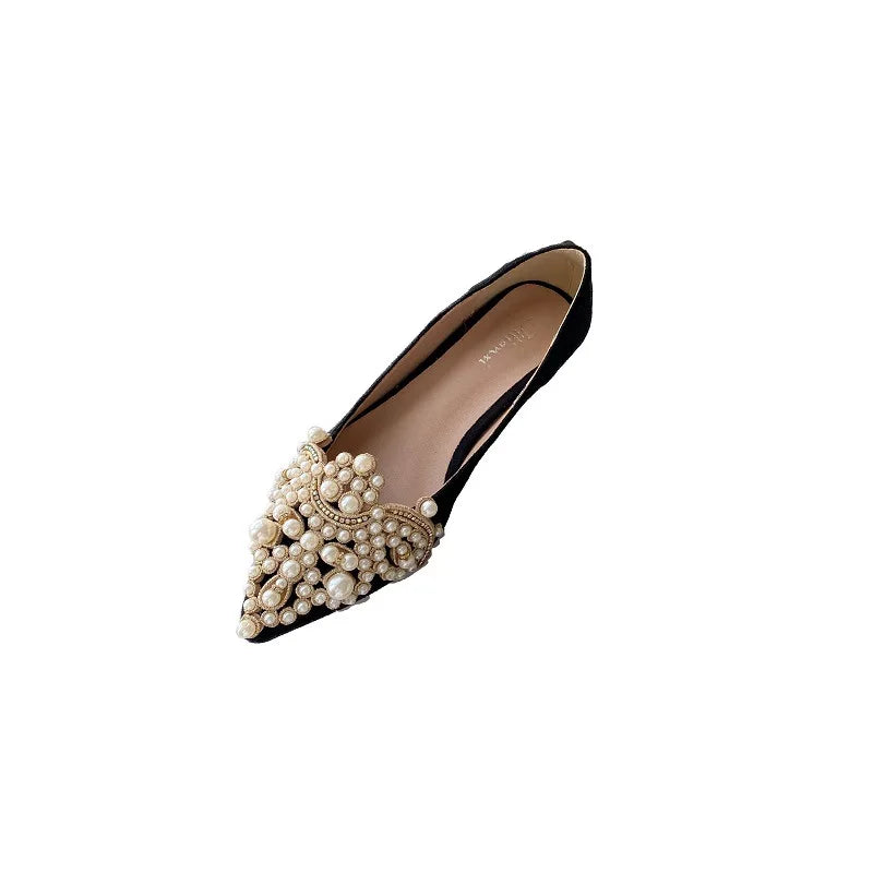 New Crown Pearl Flats Women Wedding Shoes Pointed Toe Female Dress Moccasins Low Pearl Heel Ladies Fashion Luxury Style 43