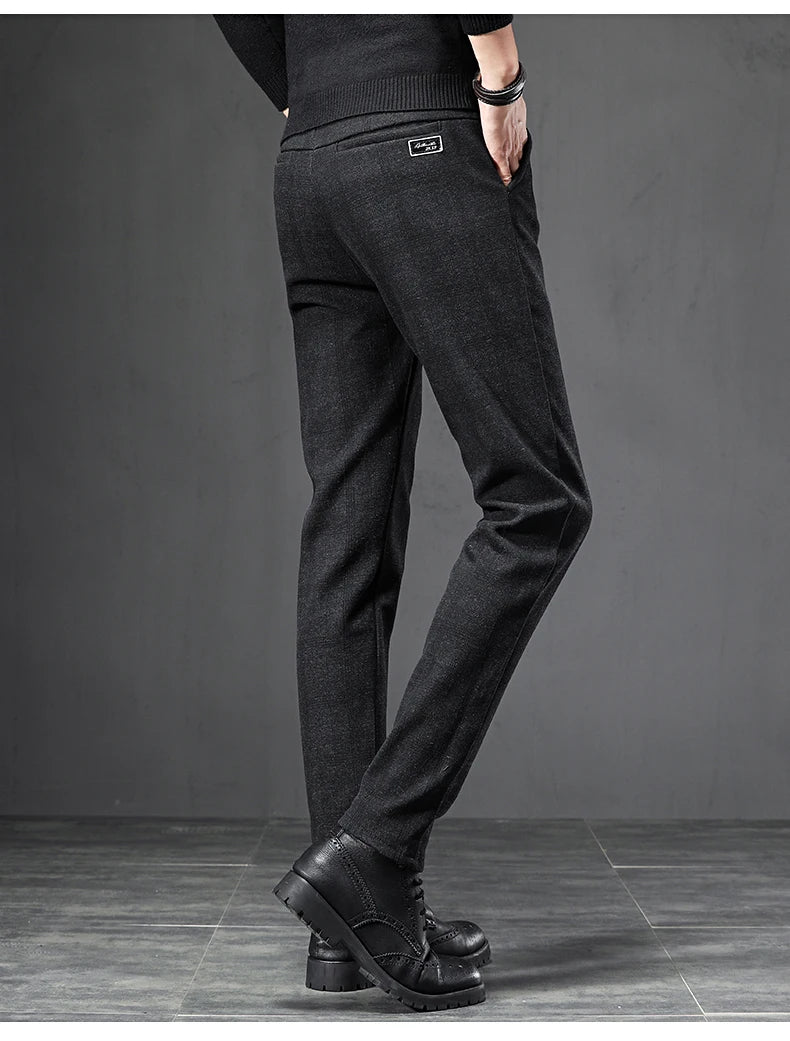 Winter Fleece Warm Pants Men England Plaid High Quality Business Slim Cotton Long Trousers Male Black Gray Pant Big Size 28-38