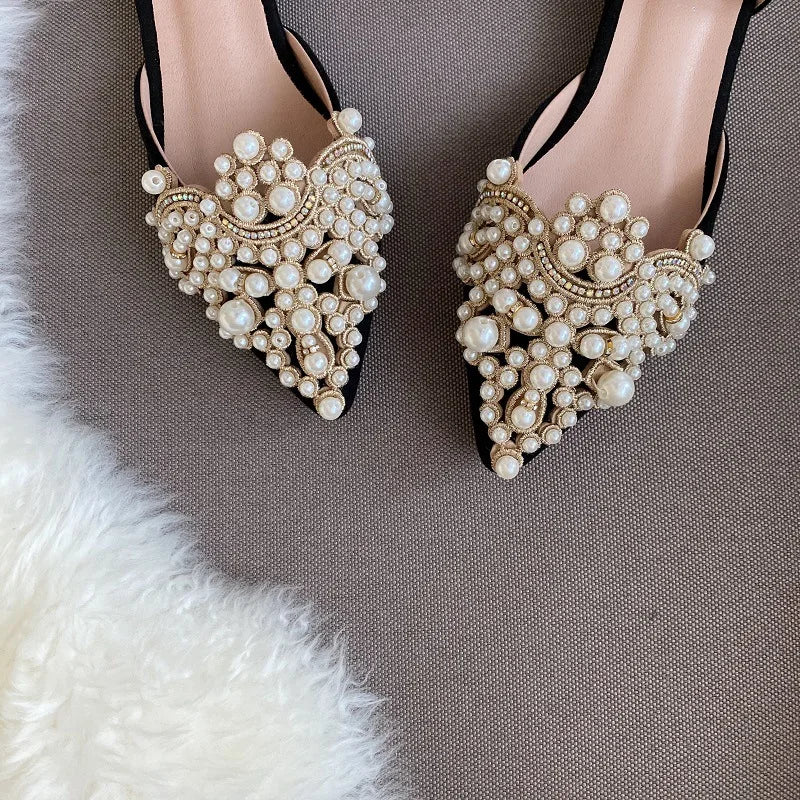 New Crown Pearl Flats Women Wedding Shoes Pointed Toe Female Dress Moccasins Low Pearl Heel Ladies Fashion Luxury Style 43