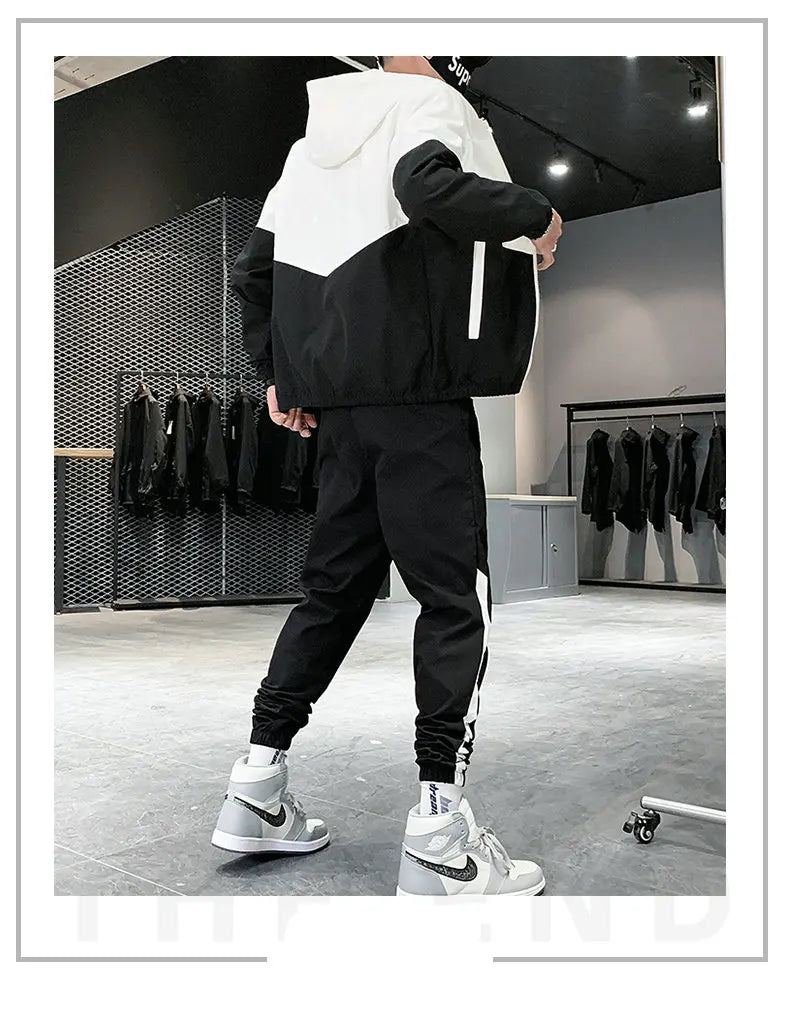 Hip Hop Military Men Tracksuit Hooded Jacket+Harem Pant Patchwork 2PC Set For Men Fashion 2023 New Mens Sportswear Suits