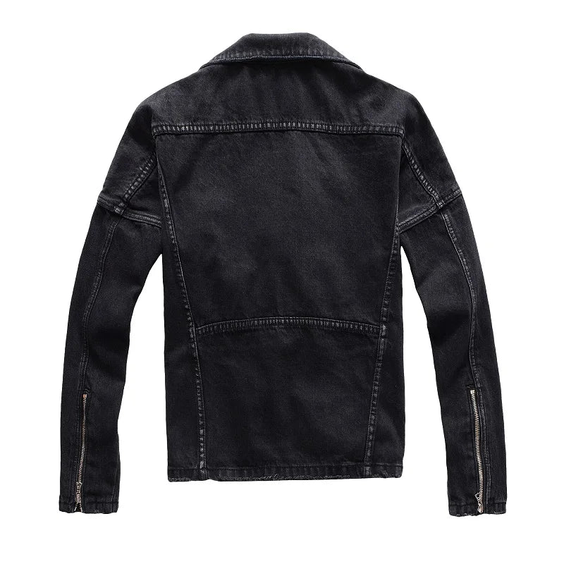 Sokotoo Men's zippers black biker jean jacket Streetwear thick denim slim coat with belt High quality