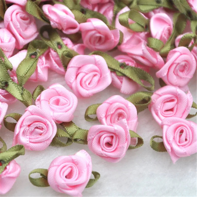50PCS/Lot Mini Handmade Rose Flower Satin Ribbon  Fabric Appliques For Wedding Decoration Craft Sewing Accessories B039