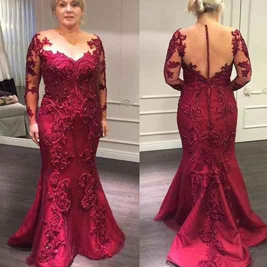Customized Elegant Full Length Burgundy Lace Mother of the Bride Dresses Long Sleeves Illusion Neck Wedding Party Gowns Mermaid