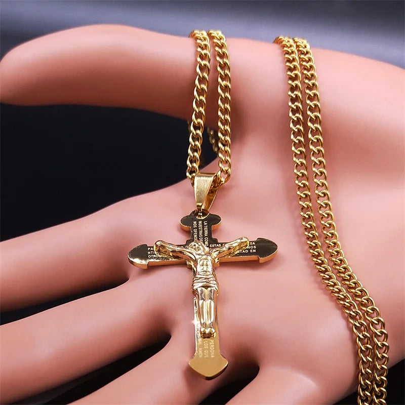 Christian Bible Stainless Steel Jesus Cross Long Necklace Men/Women Necklace Pendant Religious Jewelry acero inoxidable N6193S05
