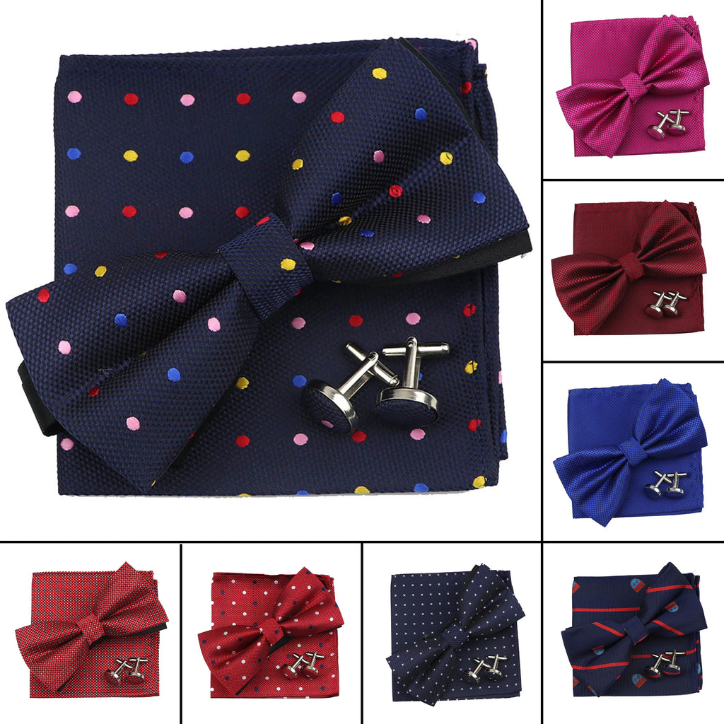 3PC Mens Bowtie Set Fashion Dot Solid Polyester Bow Tie Handkerchief Cufflinks Bar Party Wedding Business Daily Wear Accessories