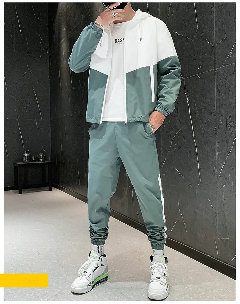 Hip Hop Military Men Tracksuit Hooded Jacket+Harem Pant Patchwork 2PC Set For Men Fashion 2023 New Mens Sportswear Suits