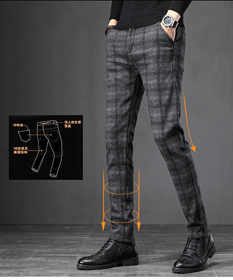 Winter Fleece Warm Pants Men England Plaid High Quality Business Slim Cotton Long Trousers Male Black Gray Pant Big Size 28-38