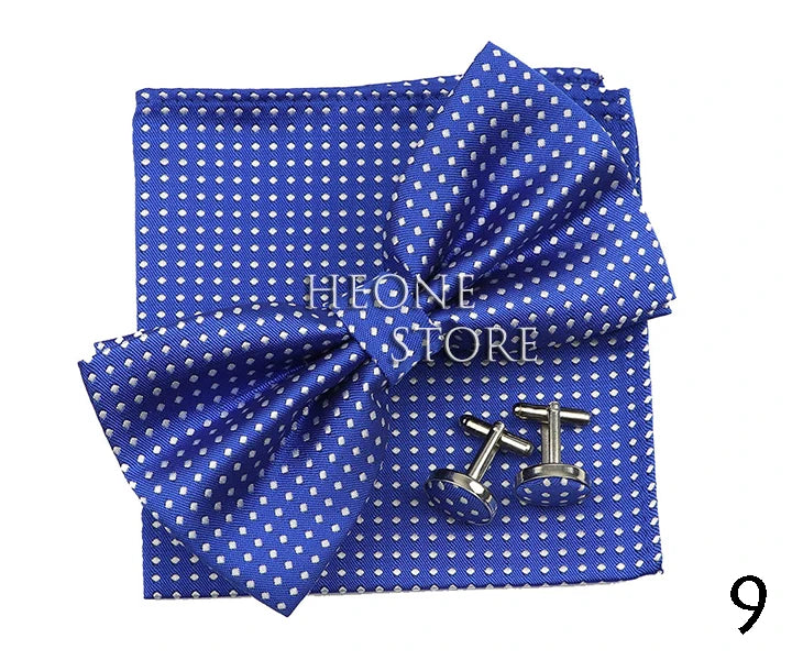 3PC Mens Bowtie Set Fashion Dot Solid Polyester Bow Tie Handkerchief Cufflinks Bar Party Wedding Business Daily Wear Accessories