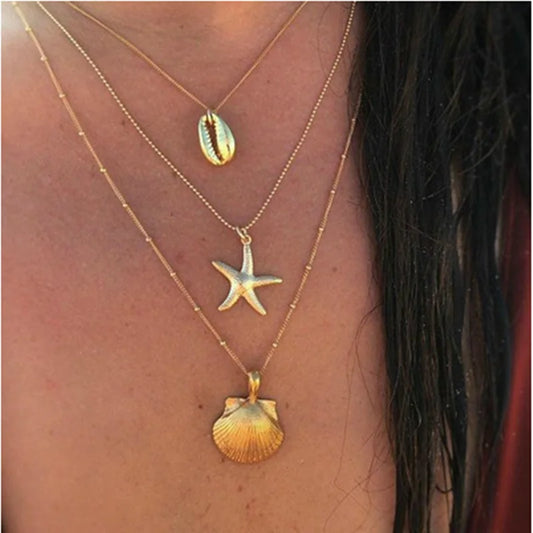 KSRA 2019 Fashion Popular Beach Street Shot Alloy Shell Starfish Scallop Multi-layer Female Necklace